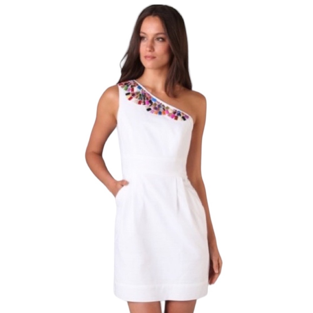 Shoshanna Beaded Cotton One Shoulder Embellished Dress